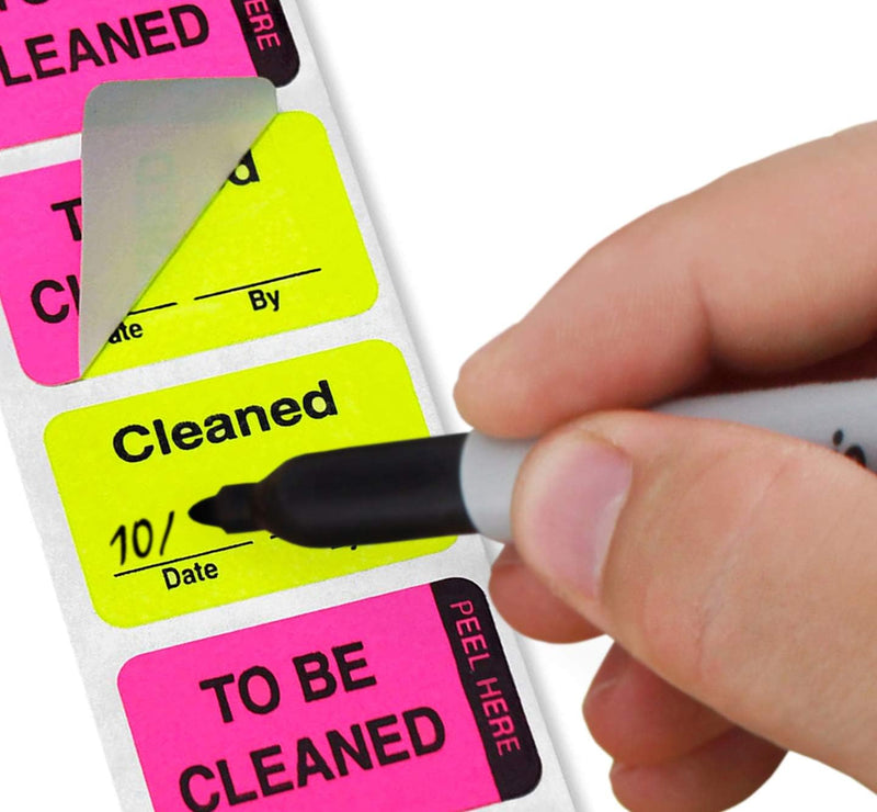 ChromaLabel 1 x 1.50 Inch Fluorescent Pink and Yellow Double Layer Quality Control Label, 250 per Dispenser Box, Imprinted: to Be Cleaned, Cleaned