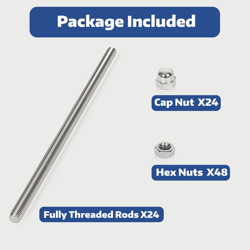 24 Pcs 304 Stainless Steel M4 Fully Threaded Rod,10"(255mm) Long Threaded Rod,Right Hand Threads，with Nuts (24, M4x255mm) 24