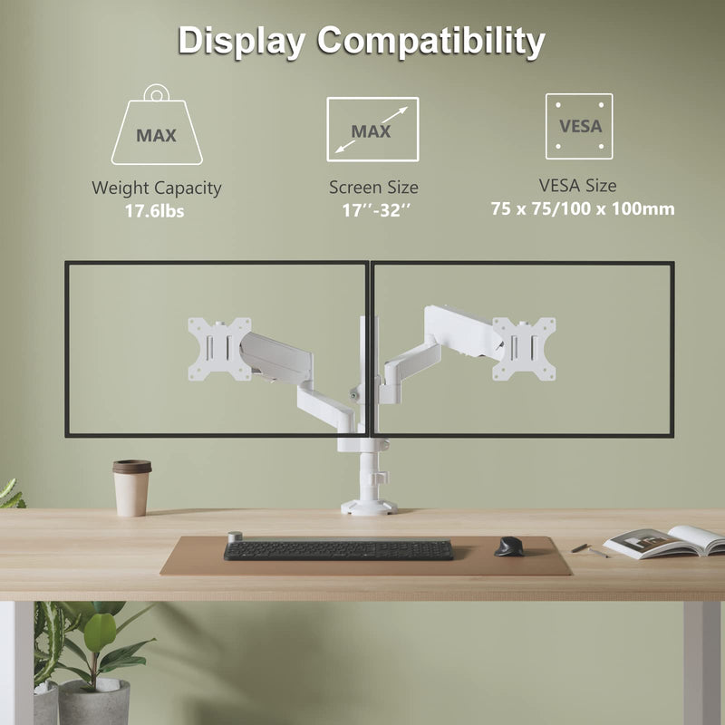 WALI Dual Monitor Mount, Adjustable Gas Spring Arms Desk Mount for 2 Monitors up to 32 inch, 17.6lbs Weight Capacity, Mounting Holes 75 x 75mm or 100 x 100mm (GSDM002W), White 32inch