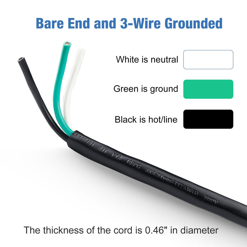 10ft 12 Gauge 3 Prong Power Supply Cord, 110V 115V 120V Pigtail Cable, Heavy Duty Replacement, Male-to-Male for Appliance, NEMA 5-15 Plug US SJT 12AWG (12/3), Black (10ft) 12/3 10ft