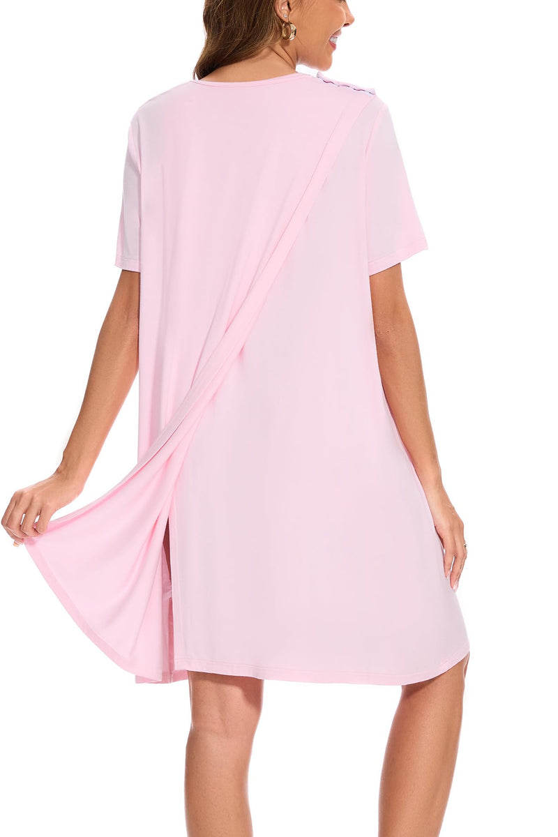 AVIIER 100% Cotton Hospital Gowns for Women Open Back Tear Away Post Shoulder Surgery Dress Adaptive Clothing Nightgowns Medium Pink