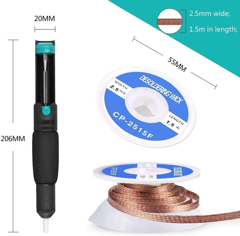 Desoldering pump set, 7 pieces desoldering pump and soldering wick kit for removing solder wicks, 1 desoldering pump & 6 desoldering braid solder wick (2.5 mm width, 1.5 m length)