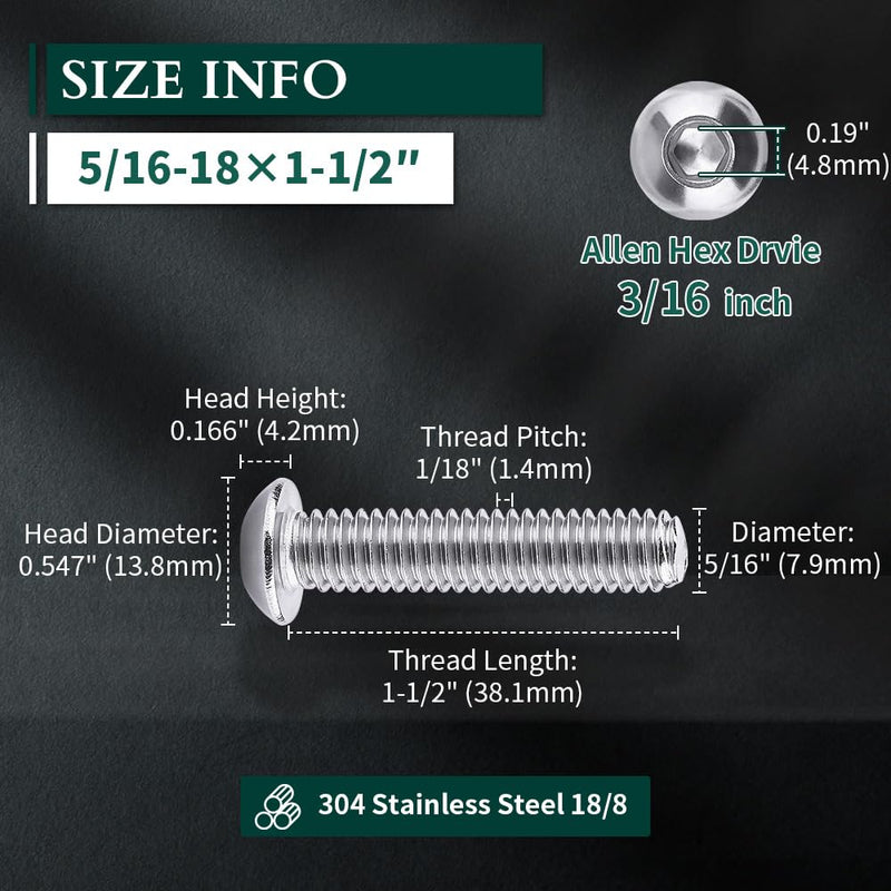5/16-18 x 1-1/2" Button Head Socket Cap Bolts Screws, 304 Stainless Steel 18-8, Full Thread, Coarse Thread, Allen Hex Drive, 50 PCS 5/16-18 x 1-1/2"