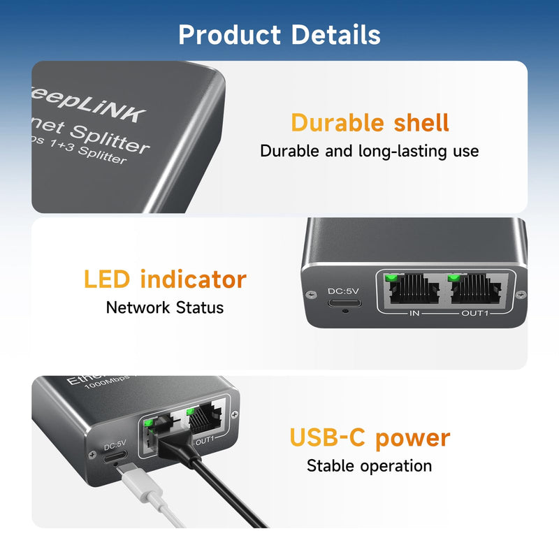 Gigabit Ethernet Splitter 1 to 3, Network Splitter with USB Power Cable, 1000Mbps RJ45 Internet Adapter 1000Mbps High Speed for Cat 5/5e/6/7/8 Cable Metal Case