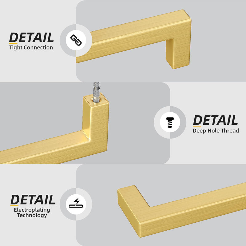 goldenwarm 10 Pack 5 inch Gold Cabinet Pulls Brushed Brass Drawer Handles Modern Square Stainless Steel Hardware Pull for Kitchen Cupboard Dresser 5 Inch Hole Center