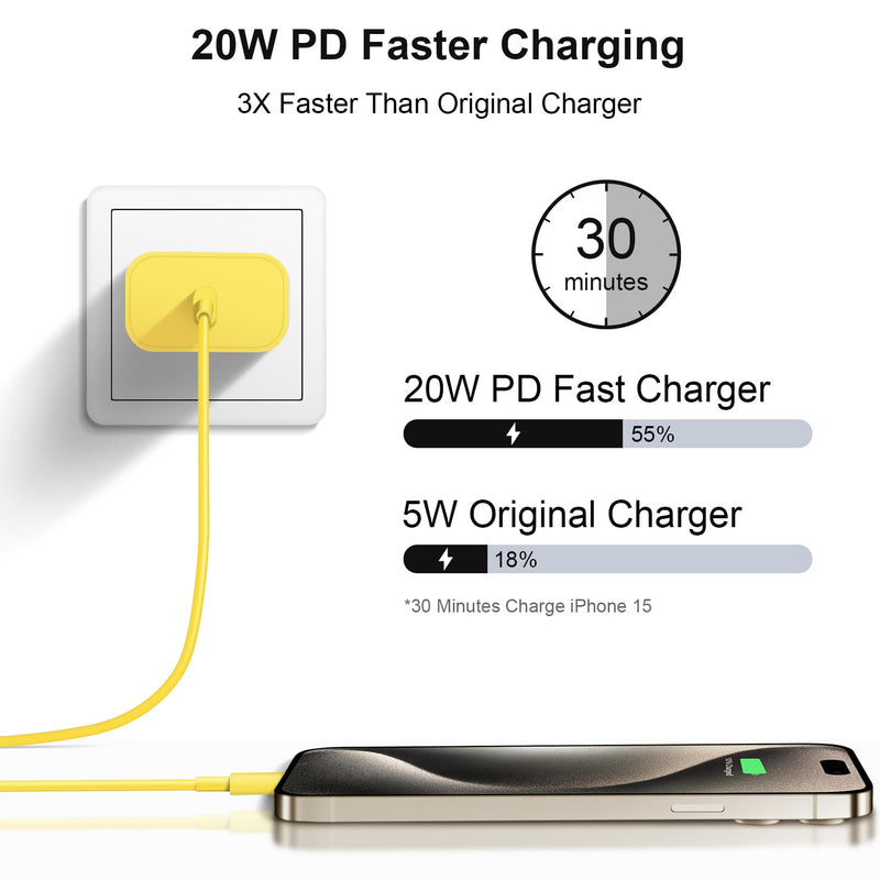 iPhone 16 15 Charger Fast Charging 10Ft - 2 Pack 20W USB C Wall Charger Block and Type C to C Cable Compatible with iPhone 16/16 Pro/16 Pro Max/iPhone 15, iPad Pro, Air 5/4,iPad 10（Yellow） Yellow