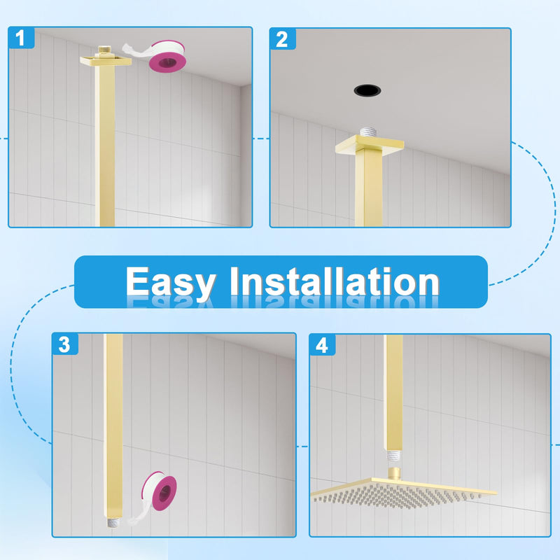 Shower Arm with Flange 24 Inches Ceiling Mount Square Straight Extender Extension Pipe Replacement, Extra Long Shower Arm For Fixed Rain Shower Head or High Ceiling,Brushed Gold 24inch Brushed Gold