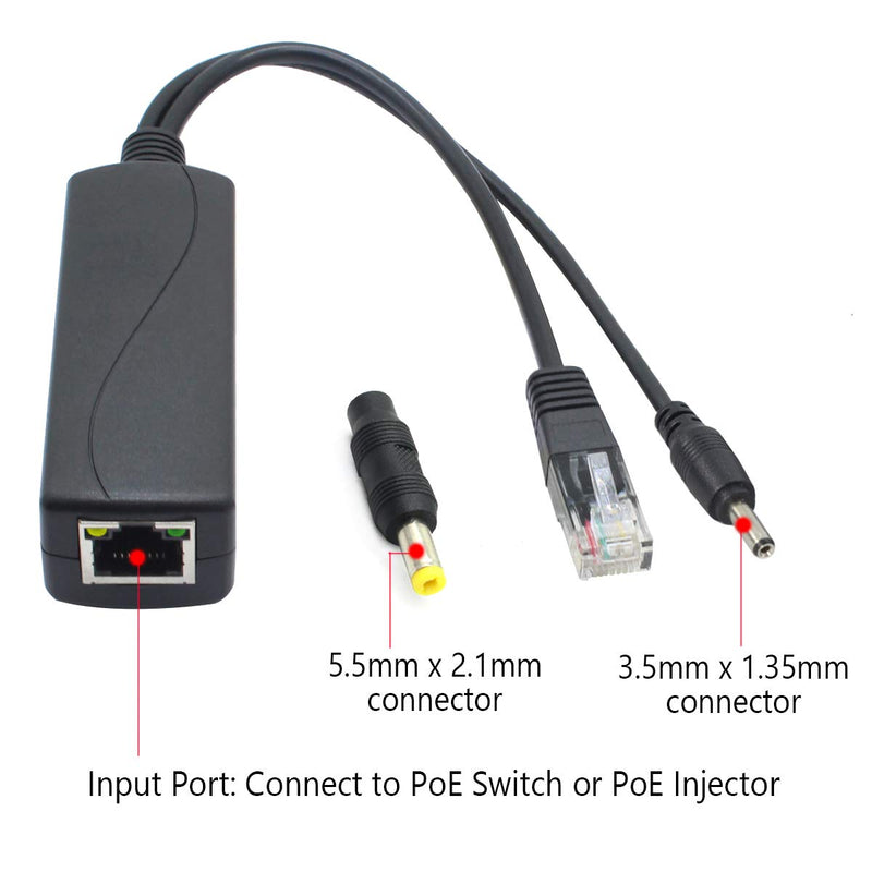 ANVISION 5V Gigabit PoE Splitter, 48V to 5V 2.4A Adapter, Plug 3.5mm x 1.35mm, 5.5mm x 2.1mm Connector, IEEE 802.3af Compliant, for IP Camera and More