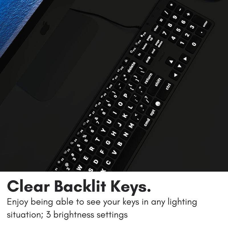 Macally Wired Keyboard for Mac (USB C + A) - Large Print and Backlit Apple Keyboard Wired - 107 Key Full Size Large Letters USB C Keyboard for Macbook Pro/Air, Mac Mini, iMac