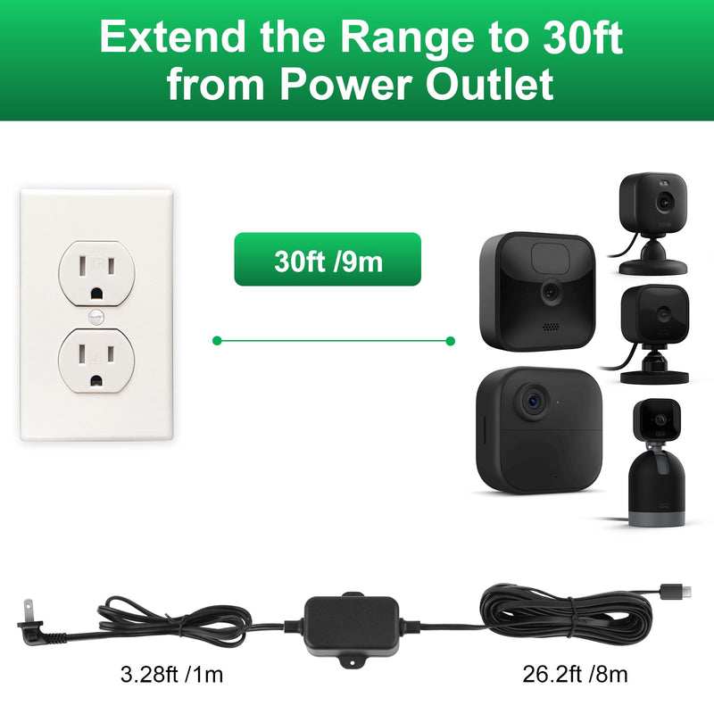 30ft Weather Resistant Power Adapter for Blink Mini 2,Blink Outdoor 4 (4th Gen)(3rd Gen)/Mini,No Need Charger Head,IP67 Waterproof Flat Power Cable with Extra Type C to Micro USB Adapter Black 1Pack