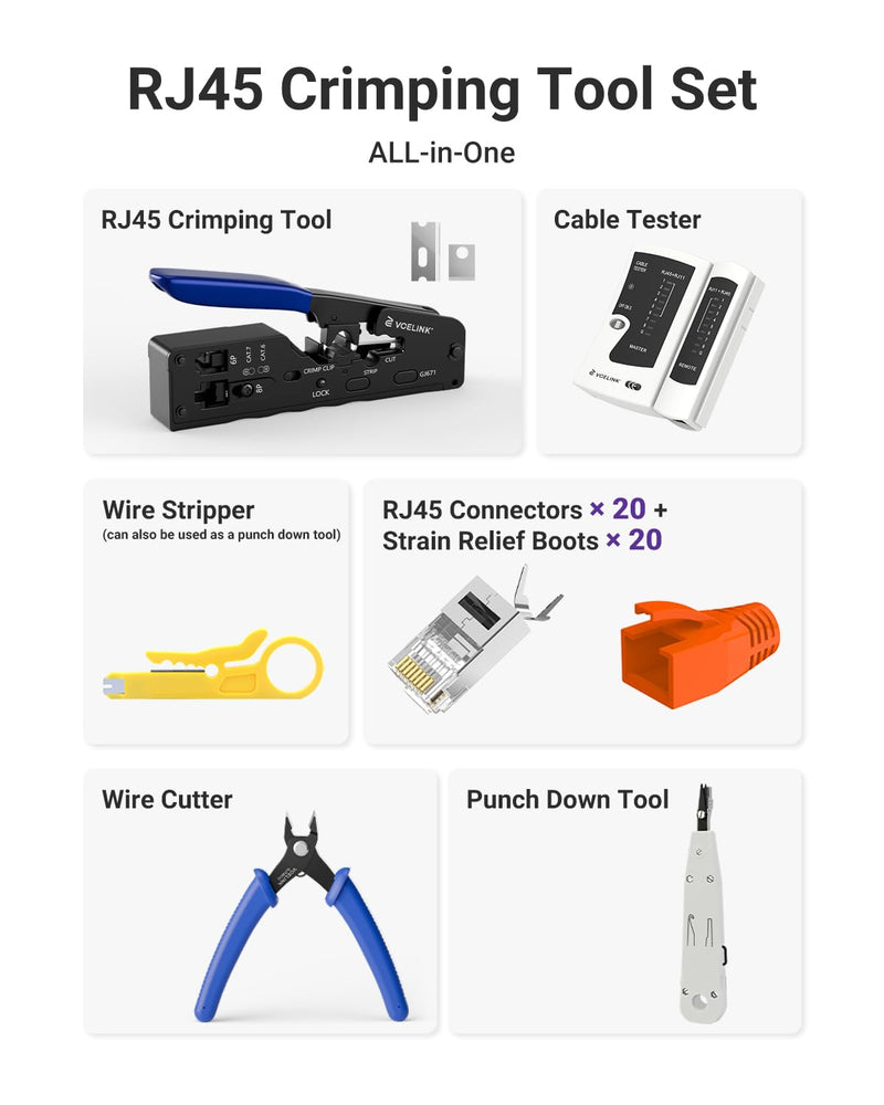 VCELINK RJ45 Crimp Tool, All-In-One Ethernet Pass Through Crimper for CAT7 CAT6A CAT6 CAT5e CAT5 Ethernet Connectors by Screw Adjustment (Kit-with Punch down Tool) Kit with Punch Down Tool