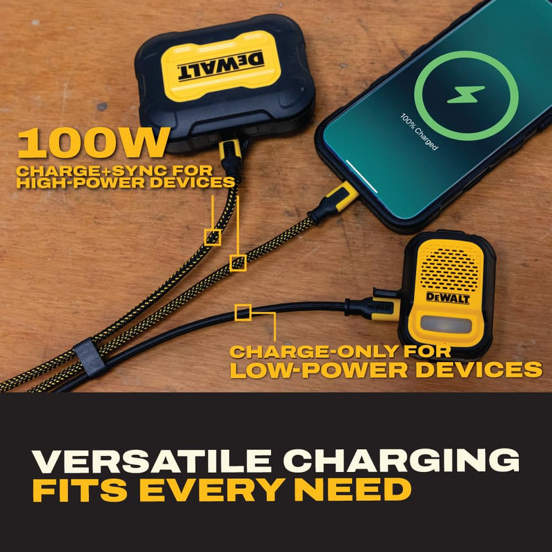 DEWALT 100W Smart USB-C to USB-C Splitter – Data Transfer & Fast Charging, 1-to-3 Output, Kevlar Reinforced, 6ft Heavy-Duty for Laptop, MacBook, iPad, Android, Samsung, iPhone, Works w/Carplay