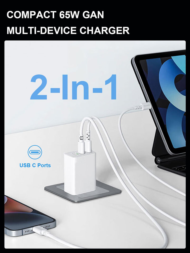 65W USB C Charger Block, GaN USB C Wall Charger, 2-Port Type C Compact Foldable Fast Charging Adapter for MacBook Pro/Air, iPhone 8-16, iPad Pro/Air, Apple Watch, Galaxy S20-24, etc