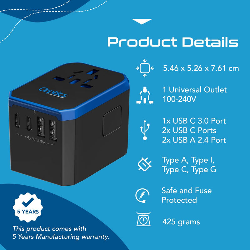Ceptics 70W World International Travel Plug Adapter - Powerful GaN Tech with Pd & QC 3.0 Dual 3X USB-C Power - 2 USB Ports Wall Charger Type I C G A Outlets 110V 220V A/C - EU Euro US UK (70-KU) 1 Pack Universal Travel Adapter 70W