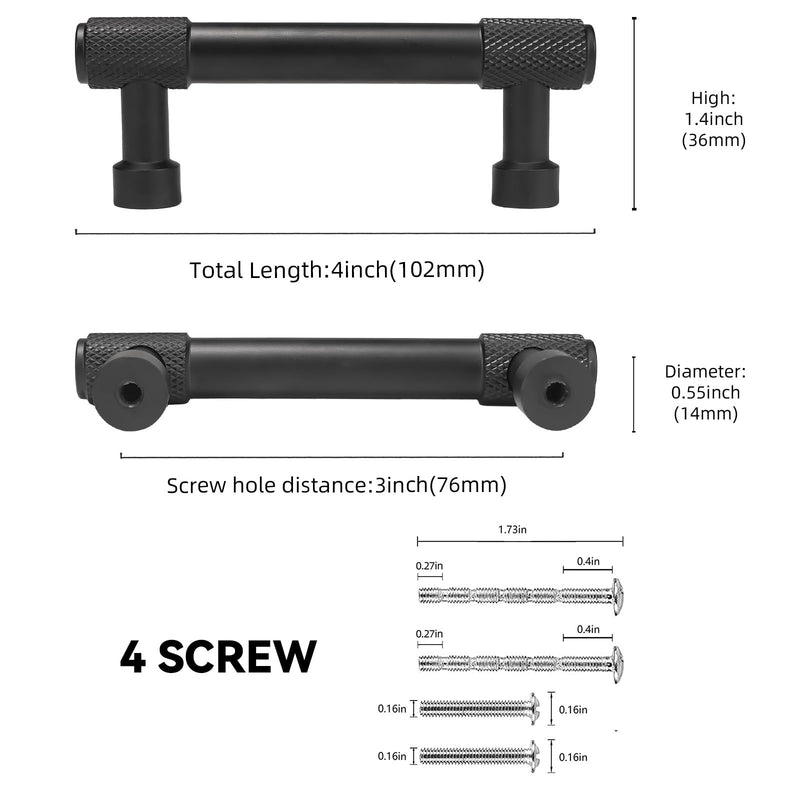 10 Pack 3Inch(76mm) Matte Black Kitchen Cabinet Handles Knurled Cabinet Pulls Black Drawer Pulls Kitchen Hardware 3" Hole Center 10