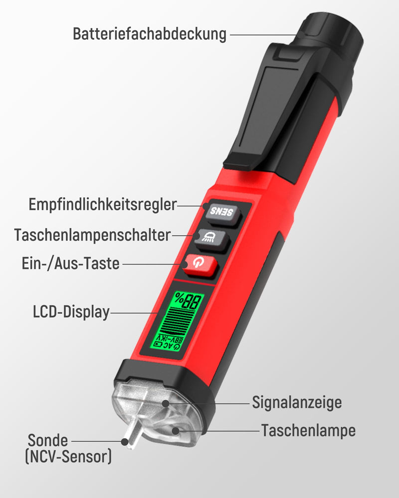 KAIWEETS Non-Contact NCV Voltage Tester, Dual Range Phase Tester 12V/70-1000V AC, LCD Bar & Percentage Display, Buzzer, Conductor/Neutral Conductor Detection, CAT IV 1000V red