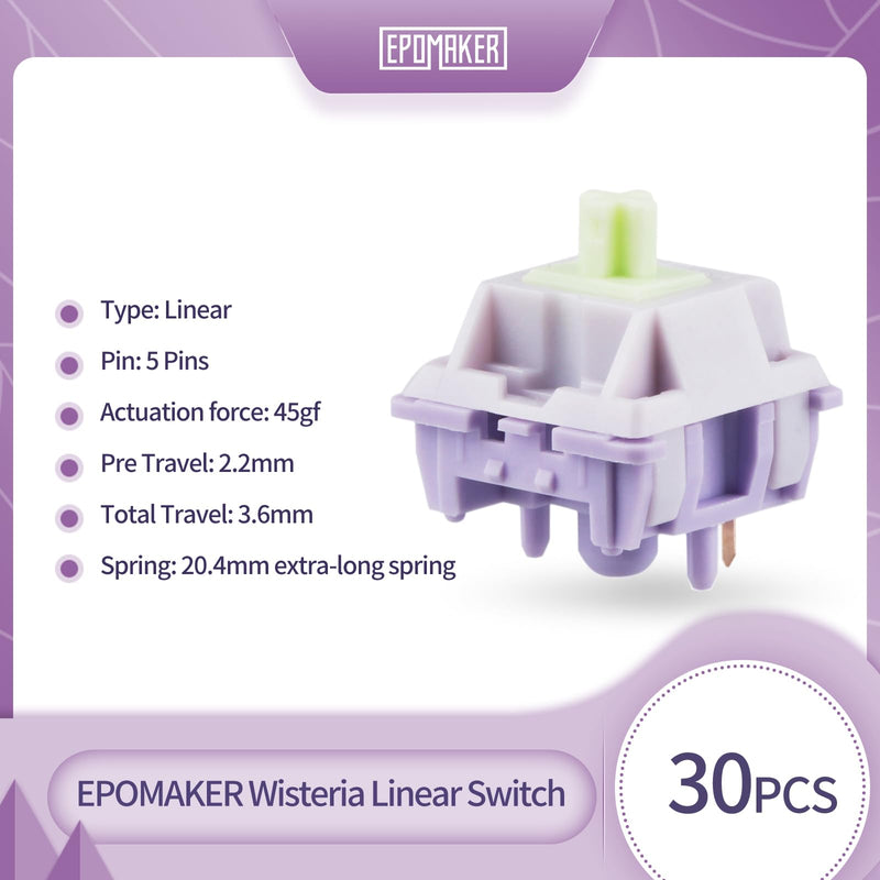 EPOMAKER Wisteria 39gf Linear Mechanical Keyboard Switches, 5-Pin Pre Lubed Creamy Switch, 30 PCS, with POM PTFE Stem, 20.4mm Spring, Compatible with MX Keycaps for Gaming Keyboard Wisteria Linear