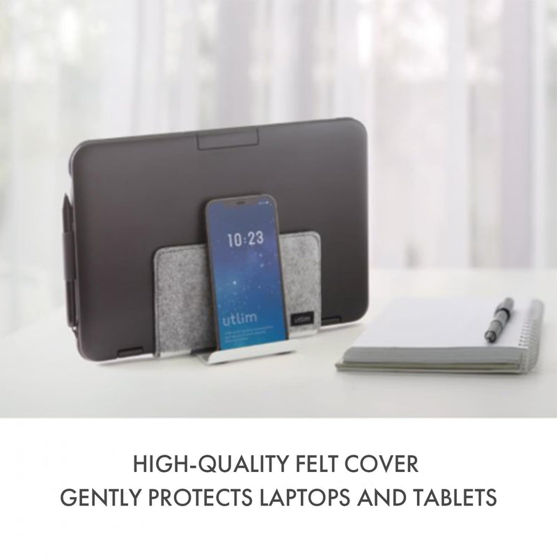 Sonic Utlim Vertical Laptop Stand for Desk, Dock Holder with Felt Cover, Desk Organizer, Storage and Stand for All MacBooks, Windows Laptops, Tablets, and Smartphones, UT-5352-W White/Grey