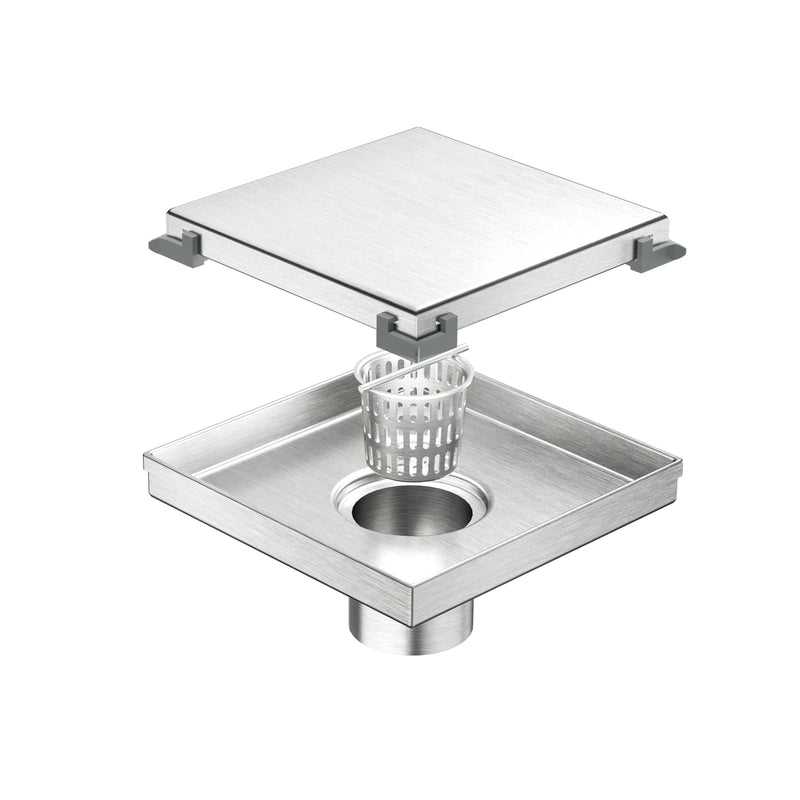 Neodrain 6" Tile Square Shower Drain with Removable Tile Insert Grate,304 Stainless Steel Tile Square Drain, CUPC Certified, Hidden Drain Easy to Clean(Brushed, 6 in) Brushed