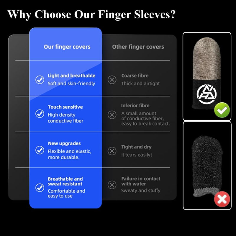 Gaming Finger Sleeves, Gamer Touchscreen Finger & Thumb Covers, 0.3mm Silver Fiber, High Sensitive, Anti Sweat, Breathable, Ultra Thin, PUBG Game Gloves for Mobile Phone/iPad Tablet (10 Pcs)