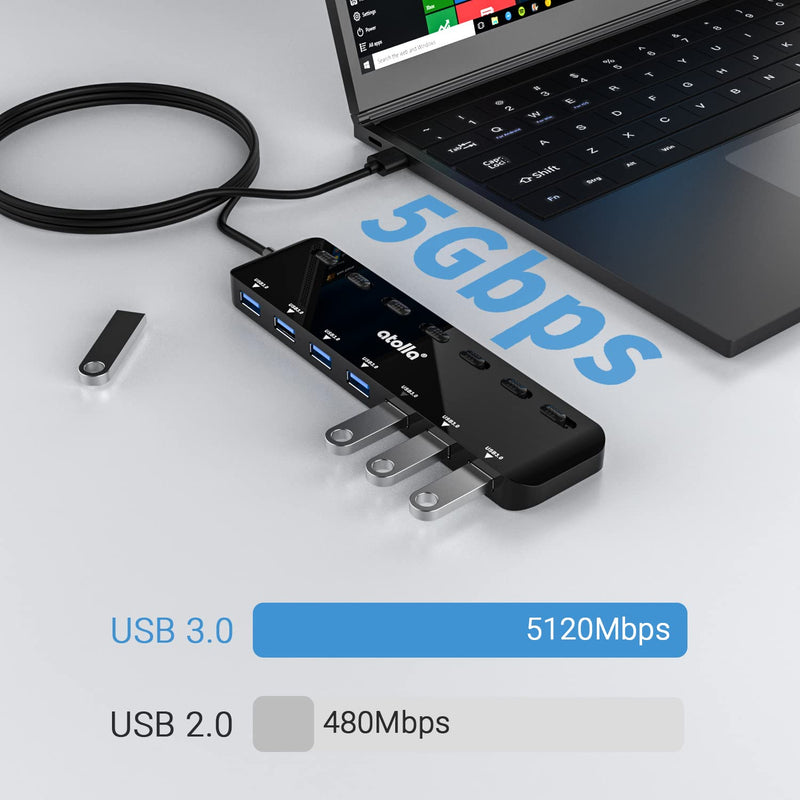 atolla 7-Port USB 3.0 Hub Splitter, USB Extender Ultra Slim Data USB Hub with Individual Power Switch and LEDs Black