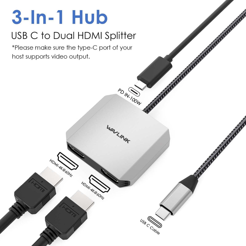 USB C to Dual HDMI Adapter, WAVLINK Dual Monitor Adapter with Dual HDMI, 87W PD for Dell XPS/HP/Lenovo/Surface/Type C Laptop/Windows System Only