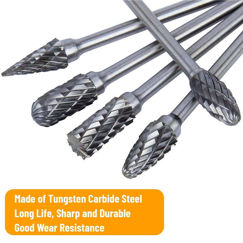 Double Cut Carbide Burrs, 10pcs Tungsten Carbide Rotary Burr Set with 3mm Shank 6mm Grinding Head for Wood & Stone Carving, Steel Metalworking