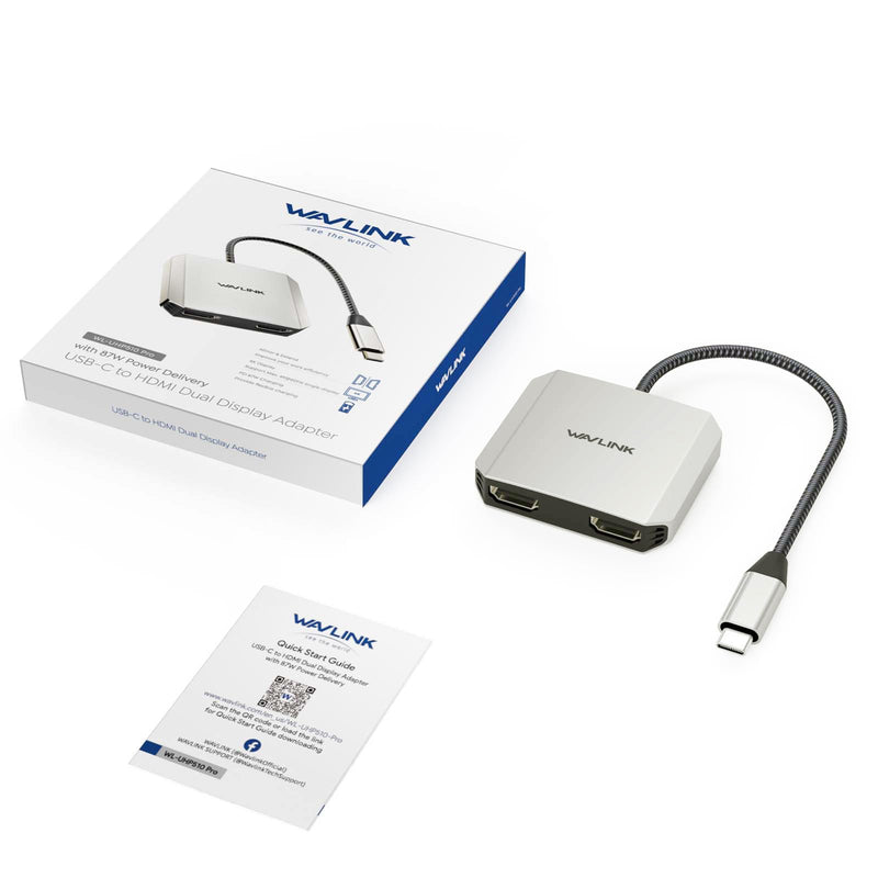 USB C to Dual HDMI Adapter, WAVLINK Dual Monitor Adapter with Dual HDMI, 87W PD for Dell XPS/HP/Lenovo/Surface/Type C Laptop/Windows System Only