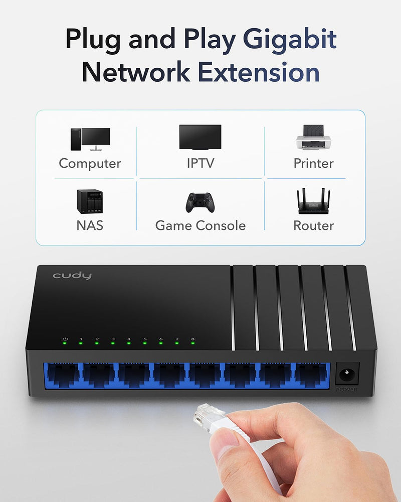 Cudy GS108D 8 Port Gigabit Ethernet Network Switch,Ethernet Splitter - Desktop, Fanless, Traffic Optimization, Plug and Play