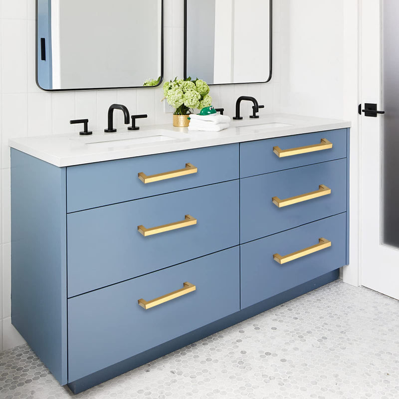 Cabinet Pulls Gold Cabinet Handles Square Drawer Pulls, 5 Pack 10 Inch Stainless Steel Kitchen Door Cupboard Cabinet Handles, Drawer Hardware Handles, 256mm Hole Centers Two Hole - 10 inch Hole Centers(256mm)