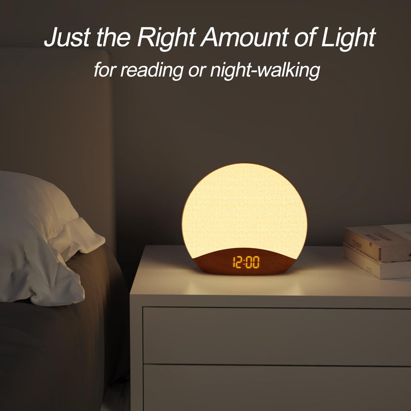 HOUSBAY Wood Grain Sunrise Alarm Clock- Natural Wake Up Light, FM Radio, Bluetooth Speaker, Dimmable Nightlight & Display- Soothing Morning Routines