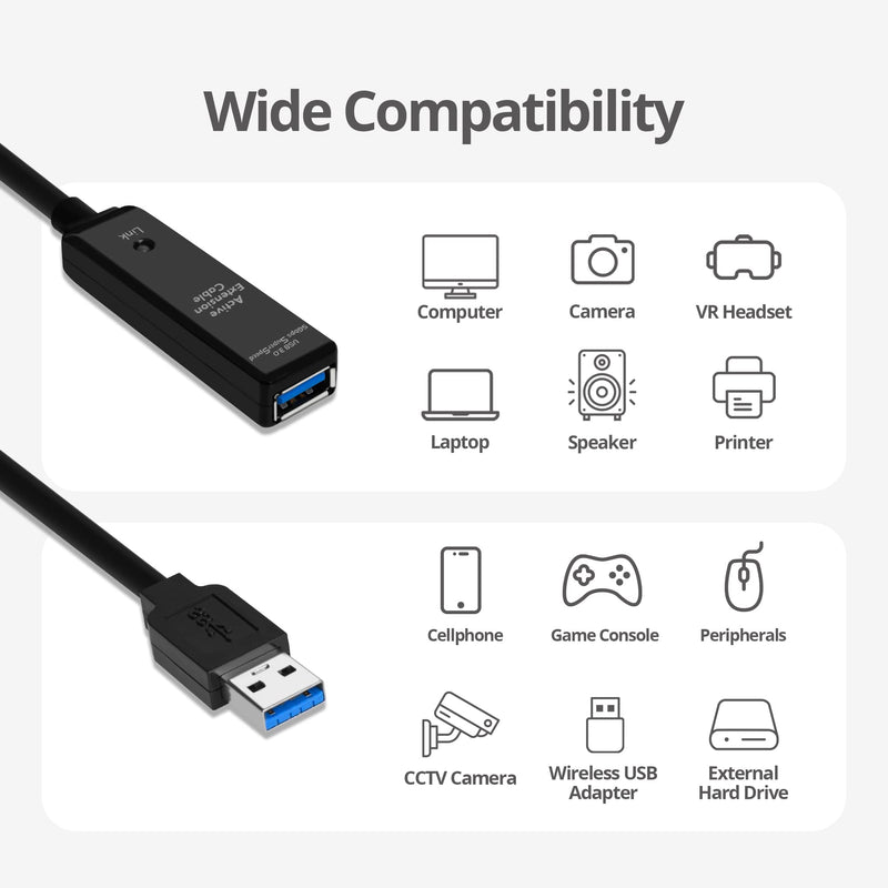 SIIG USB 3.0 Active Repeater Cable 33 Feet, USB Extension Cable for USB Flash Drive, Hard Drive, VR, Printer, Camera (JU-CB0611-S1) 10 Meters
