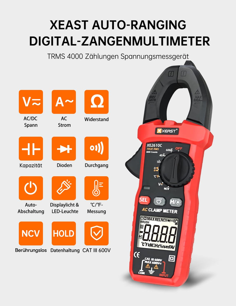 Current Clamp Multimeter, True-RMS 4000 Count Auto Range Clamp Meter, Clamp Meter for Measuring AC/DC Voltage, AC Current, Temperature, Resistance, Capacitance, Continuity, Diode NCV XE2610C