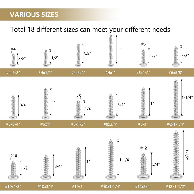 542 Pieces #4#6#8#10#12 Phillips Pan Head Self-Tapping Screws, Wood Screws Assortment Kit, 304 Stainless Steel