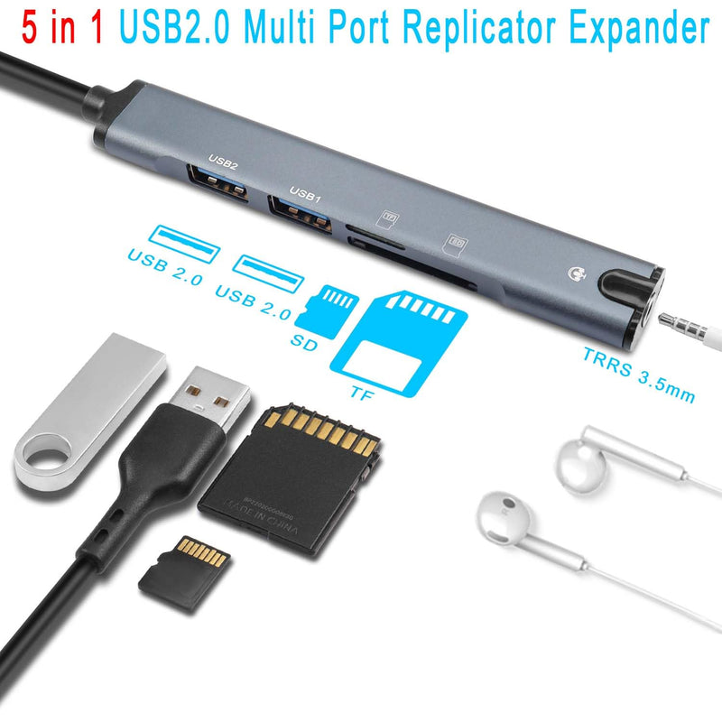 QIANRENON 5 in 1 USB Docking Station Hub USB 2.0 to USB 2.0 TRRS 3.5mm Audio TF/SD Card Reader Multi Function Port Replicator Adapter, for Laptop TF/SD Memory Card ISO 4 Pole Headphone
