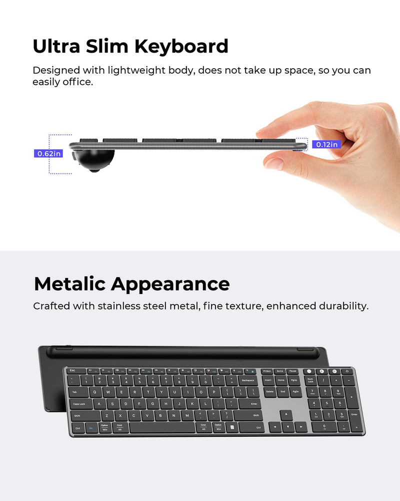 Wireless Bluetooth Keyboard and Mouse Combo (USB + Dual BT), seenda Multi-Device Rechargeable Slim Keyboard and Mouse, Compatible for Win 7/8/10, MacBook Pro/Air, iPad, Tablet - Black Gray
