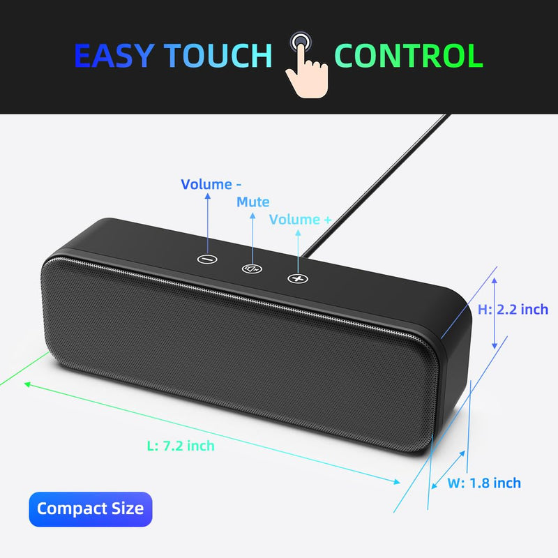 [Upgraded] USB Computer Speakers for Desktop PC, Laptop | Plug-N-Play | Small Soundbar with Crystal-Clear Sound, Loud Volume, Deep Bass, Touch Control, Compatible with Windows, macOS, ChromeOS, Linux 8Watt
