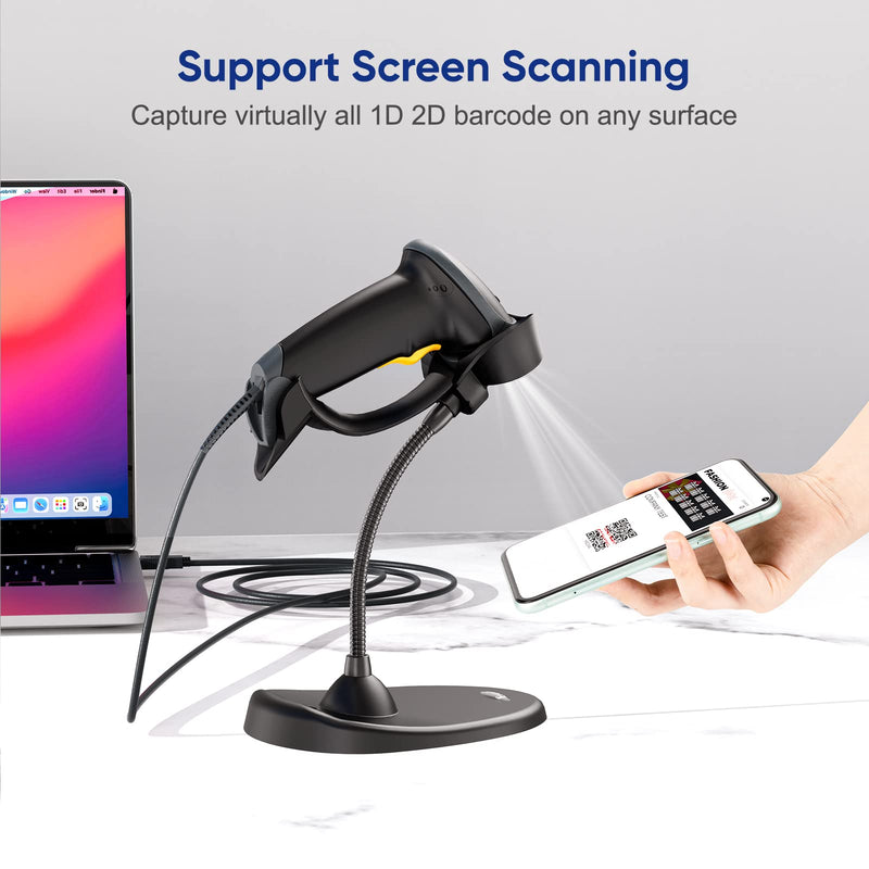 Eyoyo Handheld 2D Barcode Scanner with Gooseneck Stand, Automatic USB Wired QR Code Scanner Bar Code Reader Support Screen Scanning for PC POS System Library Store Supermarket Check-Out, Inventory