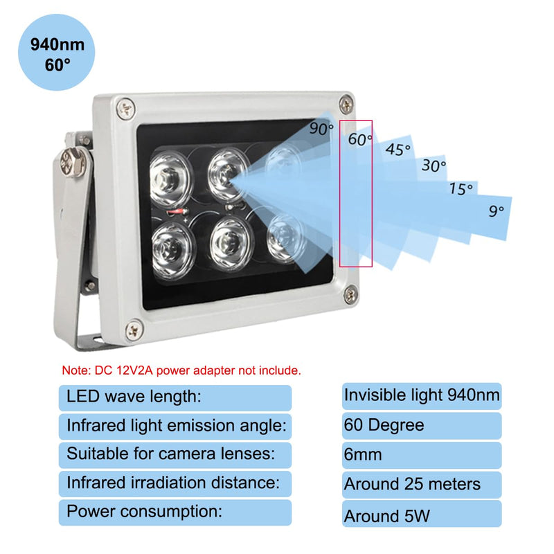 Infrared Illuminator, 940nm 6 LEDs 60 Degree Wide Angle IR Illuminator for Night Vision,Waterproof LED Infrared Light for CCTV Camera, Security Camera, No Power Adapter 940nm IR 60 degree