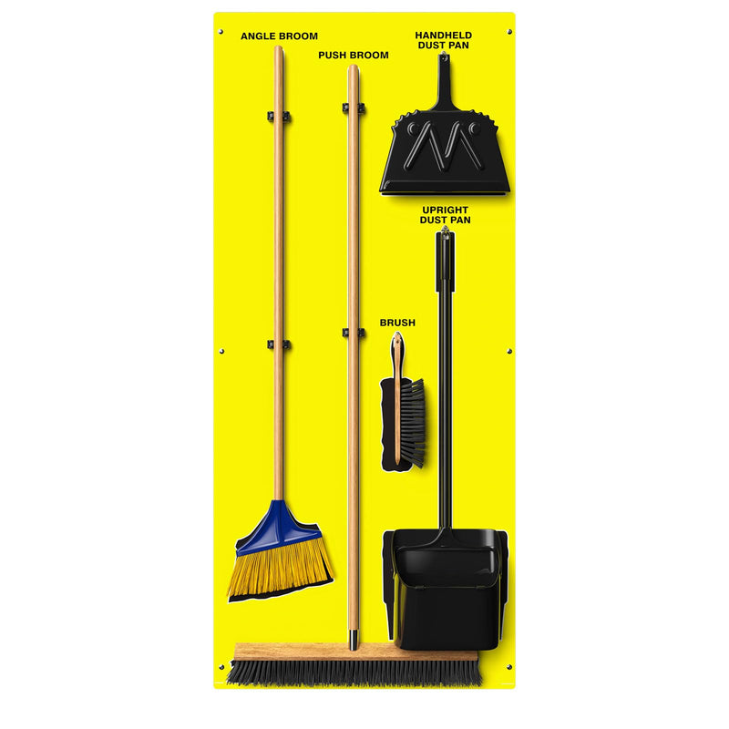 Clean & Sweep 5S Shadow Board/Wall Mount Broom Holder, 68" x 30" Board, 5S Cleaning Station - with Broom and Dustpan Set Included, Made in The USA by AccuformNMC, Yellow/Black, PSB616YLBK Max-Duty Aluminum