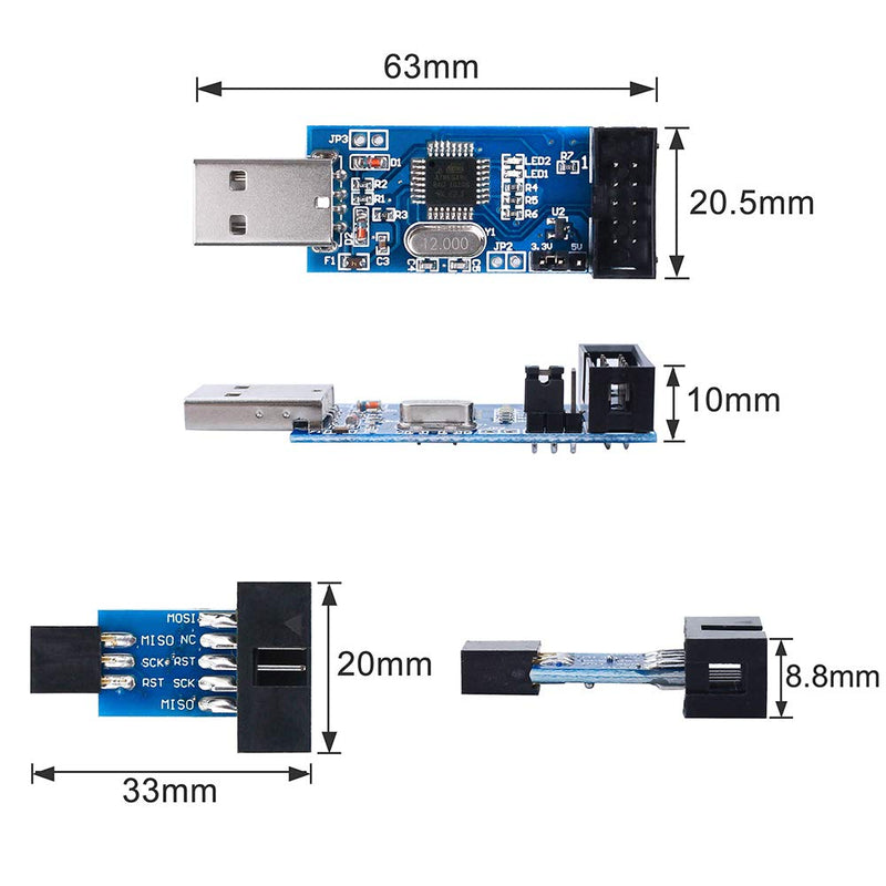 KeeYees Pack of 2 downloader programmers for USBASP for ISP with cable and 10-pin to 6-pin adapter board for 51 for AVR series microcontrollers