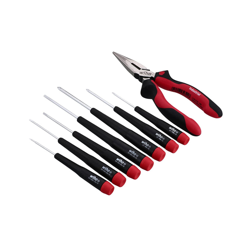 Wiha 26190 Slotted & Phillips Screwdriver Set with Bonus 6.3" Long Nose Pliers, 8 Piece, Extra-Long Handles, Chrome-Plated Slotted & Phillips + Pliers Set, 8 Piece