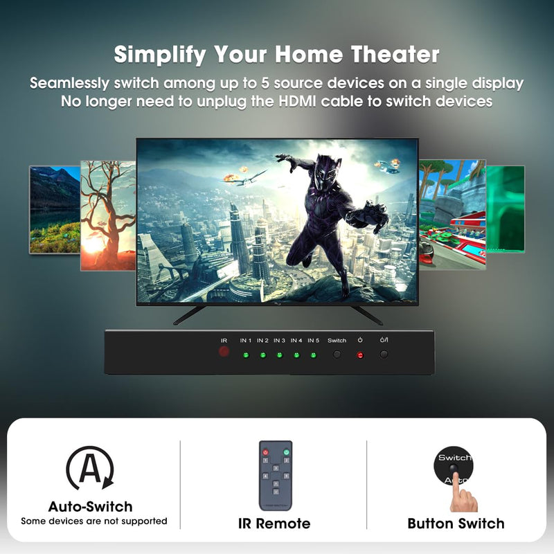 ROOFULL 5 Port 4K HDMI Switch with Remote 5 in 1 Out 4K@60Hz HDMI 2.0 Video Switcher Selector, Dolby Vision/Atmos Auto-Switching HDCP 2.2 HDR 10 CEC 18Gbps for PS5/4Pro Xbox Apple TV Black