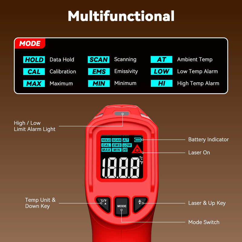 Wintact Infrared Thermometer Digital Laser, -50 °C to 600 °C, Infrared Temperature Meter for Kitchen, Cooking, Food, Pizza Oven, Griddle