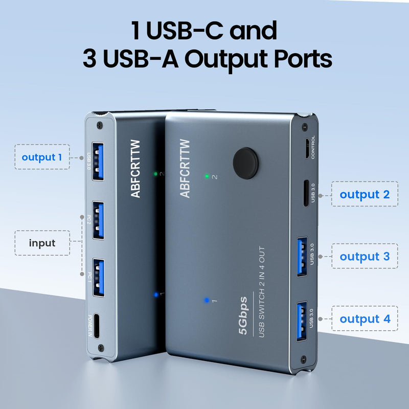 USB 3.0 Switch 2 in 4 Out with Desktop Controller, Aluminum USB Switch for 2 Computers with 1xUSB C Port and 3xUSB A Ports, 2 USB A to A Cables for Mouse, Keyboard, Printer, Webcam, U-Disk