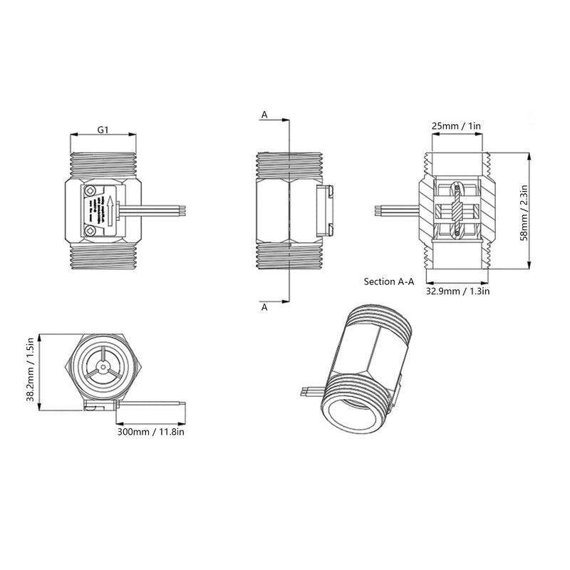 YF-B10 Water Flow Sensor Hall Flow Meter 1 Inch (1.3 Inch) External Wire Copper Water Flow Sensor Turbine Flow Meter