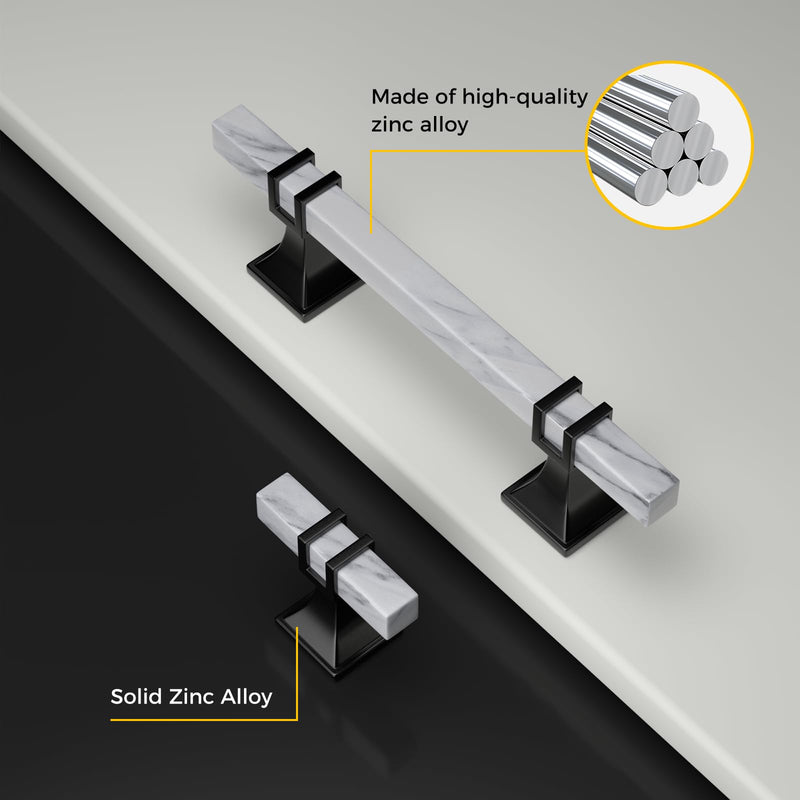 Rergy Cabinet Handles Marble Drawer Pulls and Knobs, 10Pack White Marble & Black Single Hole, T-Bar Hardware for Kitchen Dresser Zinc Alloy Furniture 10