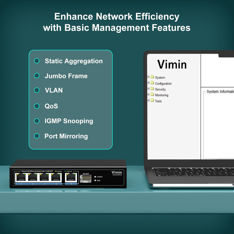 5 Port 2.5G Base-T Smart Web Ethernet Switch Managed with 10Gbps SFP Port, Compatible with 100/1000/2500Mbps Network, VIMIN 6-Port 2.5 Gigabit Managed Network Switch for 2.5G NAS, PC, Wireless AP 5x2.5G Ethernet+10G SFP(Managed)