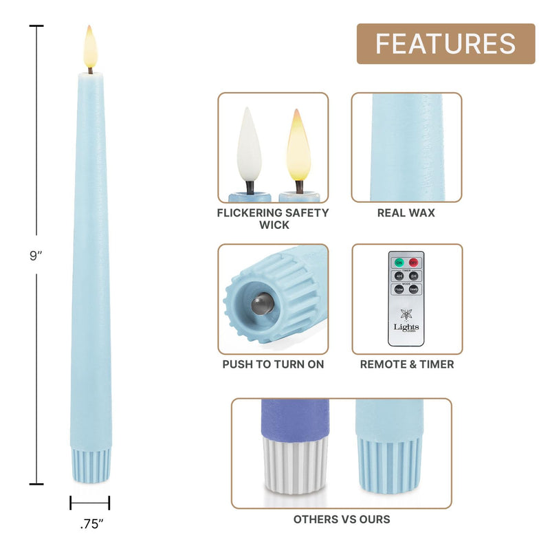 LampLust Flameless Taper Candles with Remote, 9 Inch, 4 Pack Pastel Blue Candlesticks, LED Candles Flickering Flameless Candles for Baby Shower Gender Reveal Decorations, Spring Home & Wedding Décor Pastel Blue - 4 Pack