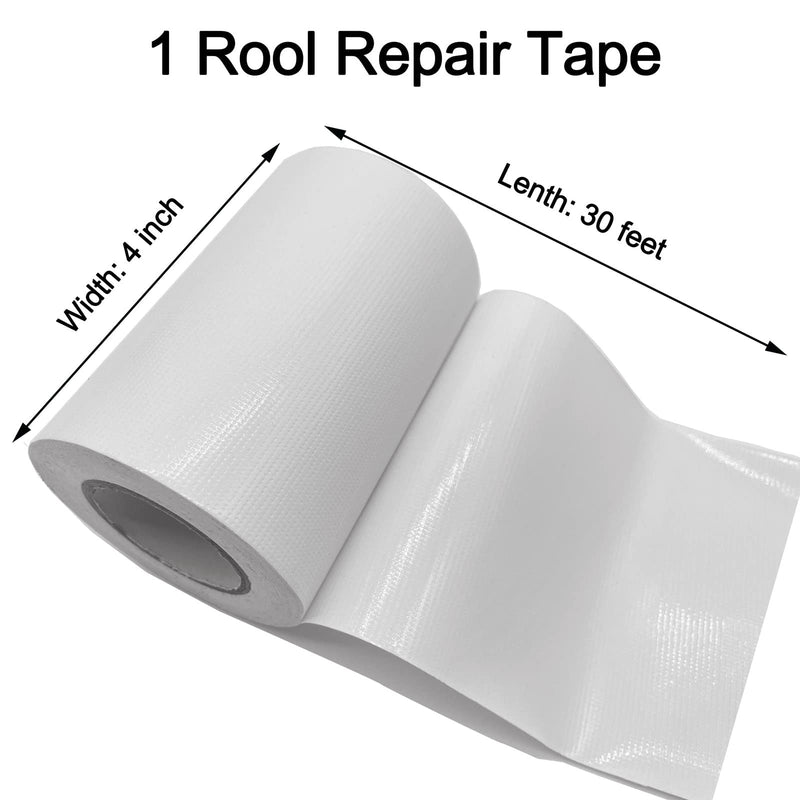 White Repair Tape - 4" x30ft Tent Repair Tape RV Awning Repair Tape Strong Adhesive Waterproof Tape Tarp Repair Tape Repair kit for Indoor/Outdoor Use, RV, Boat Etc.